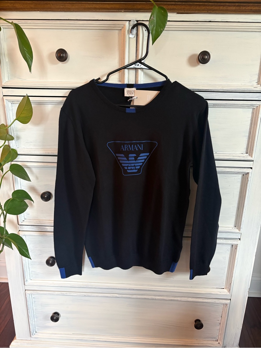 Armani Junior Black Crewneck Sweater with Blue Logo